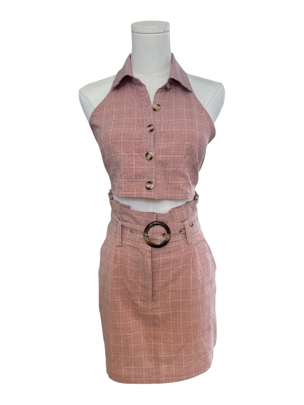MS11 Pink Plaid Button Cami Top with Mini Skirt size small